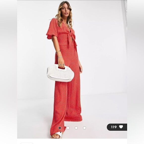 Mango Jumpsuit Medium Red Polka Dot Tie Front Wide Leg Short Sleeve - Picture 2 of 7